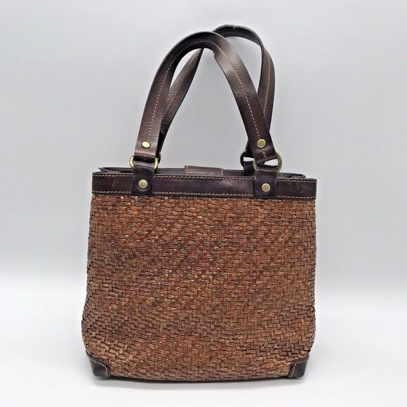 Vintage Fossil Brown Wicker Weave Double Handle Purse 78082 Inside Zip Pocket - Picture 1 of 15